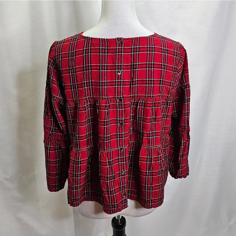 Madewell Red Plaid Tiered Button Back Swing Top Size Small